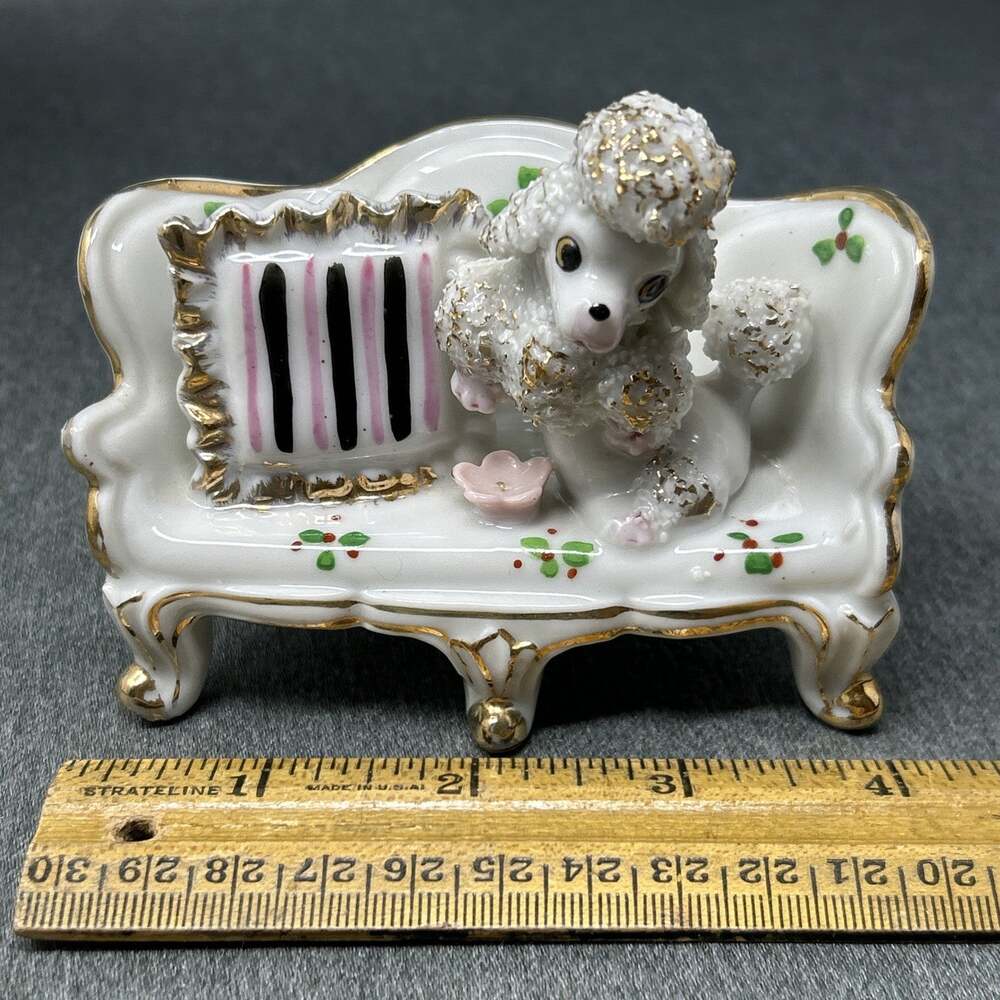 Vintage 1950s Spaghetti Poodle Dog on Fancy Couch Figurine Porcelain Pink White